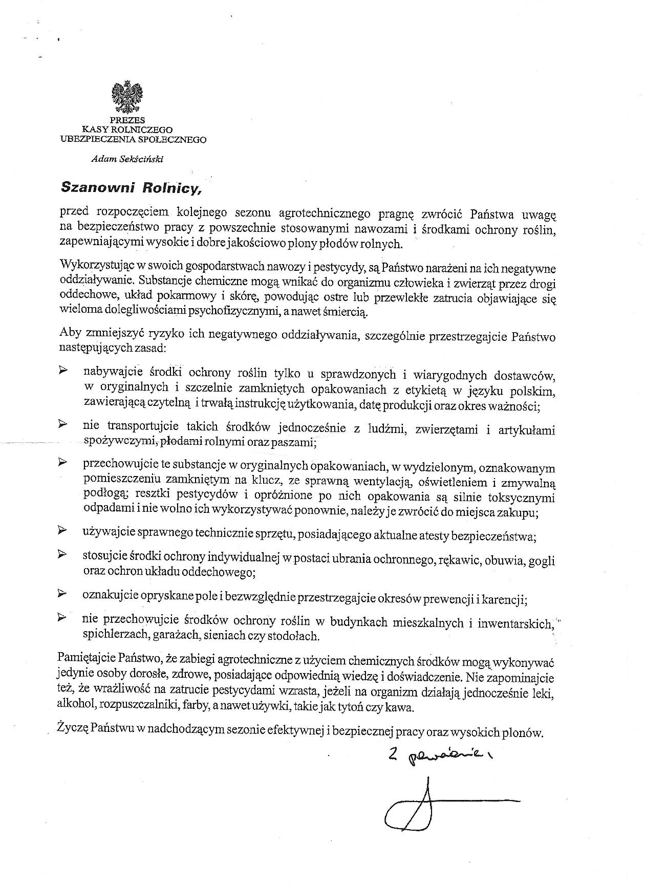 Pismo Prezesa KRUS dot. stosowania środków ochrony roślin